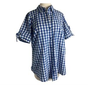 Roaman's Gingham Plaid Blue & White Checker Button Short Sleeve Top Women SZ 12W
